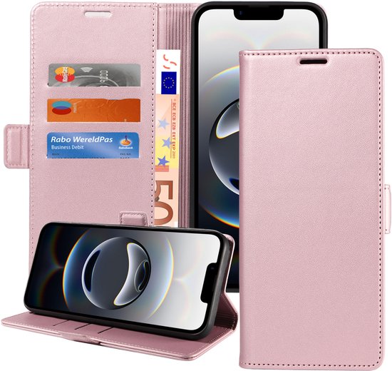 Étui de téléphone rose ouvert avec fentes pour cartes et billets, montre des cartes bancaires et un billet.