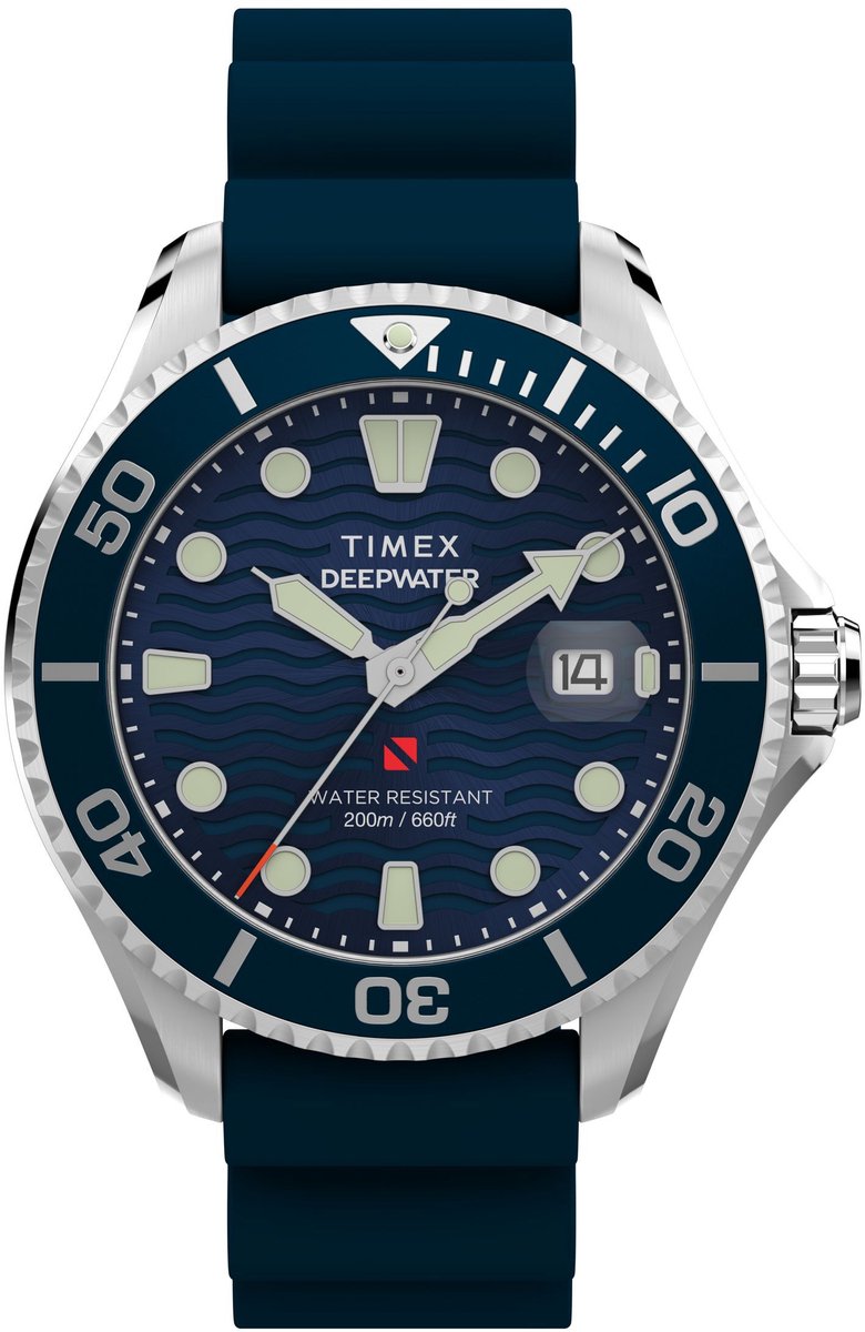 Timex Deep Water Meridian 200 Quartz Analoog Horloge Blauw Kast: 100% Roestvrij Staal | Armband: 100%Synthetisch Rubber 44 TW2W81500AJ, TW2W81600AJ, TW2W81700AJ