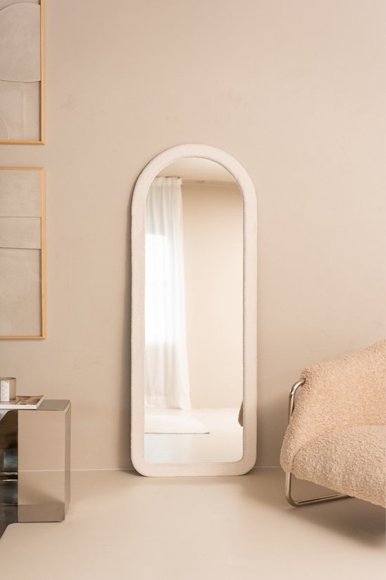 Miroir Sur Pied Rembourré Ovale SensaHome 60x160cm Velours Suédé Teddy White - Pleine Longueur