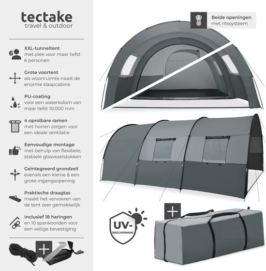 tectake® - Tunneltent voor 6 personen - Familietent op stahoogte - Voortent - Campingtent grote slaapcabine met grondzeil - 4 ramen, waterafstotend, 480 x 350 x 195 cm, donkergrijs/lichtgrijs