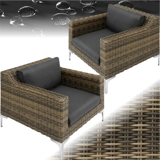 tectake® Wicker Aluminium Fauteuil Set van 2 | Tuinfauteuils met 11 cm Kussens (85 x 89 x 72 cm) | Outdoor Rotan Fauteuil voor Tuin, Balkon, Terras | Modulair, Weerbestendig, Inclusief Bekleding - Antraciet Gevlekt