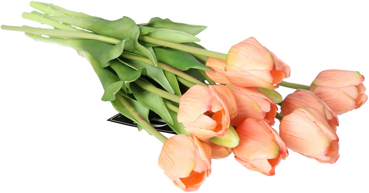 Bellatio Design Kunst tulpen boeket Sally - 7x stuks - zalm kleur - real touch - 47 cm Oudroze