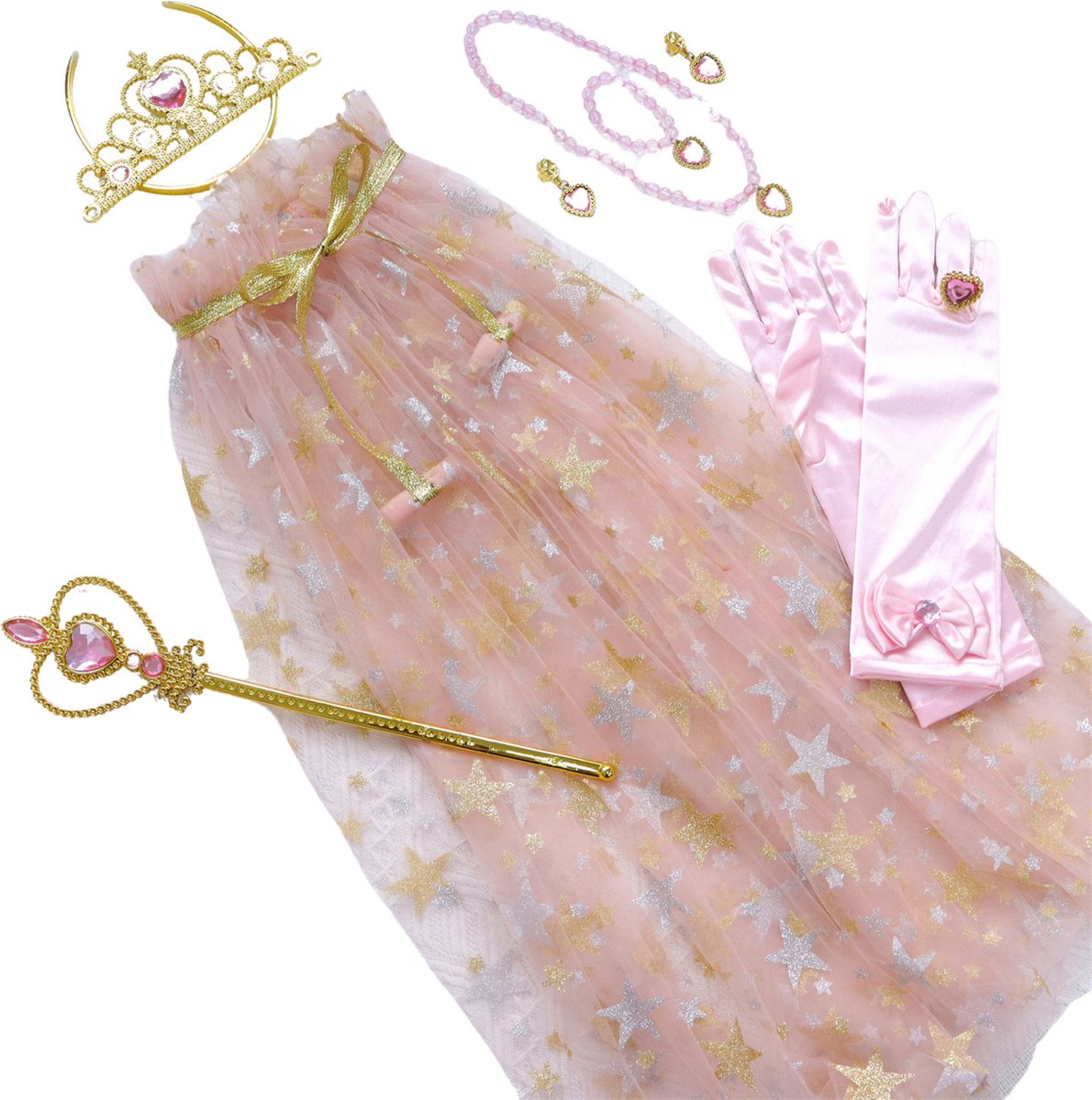 Joya Kids® Verkleedcape met Accessoires Beige kleuren | Prinsessencape | Cape Set | Unicorn | Meisje Verkleedset | Carnvalskleding Meisjes | Met Kroon, Staf, Handschoenen en Sieradenset — afbeelding 6