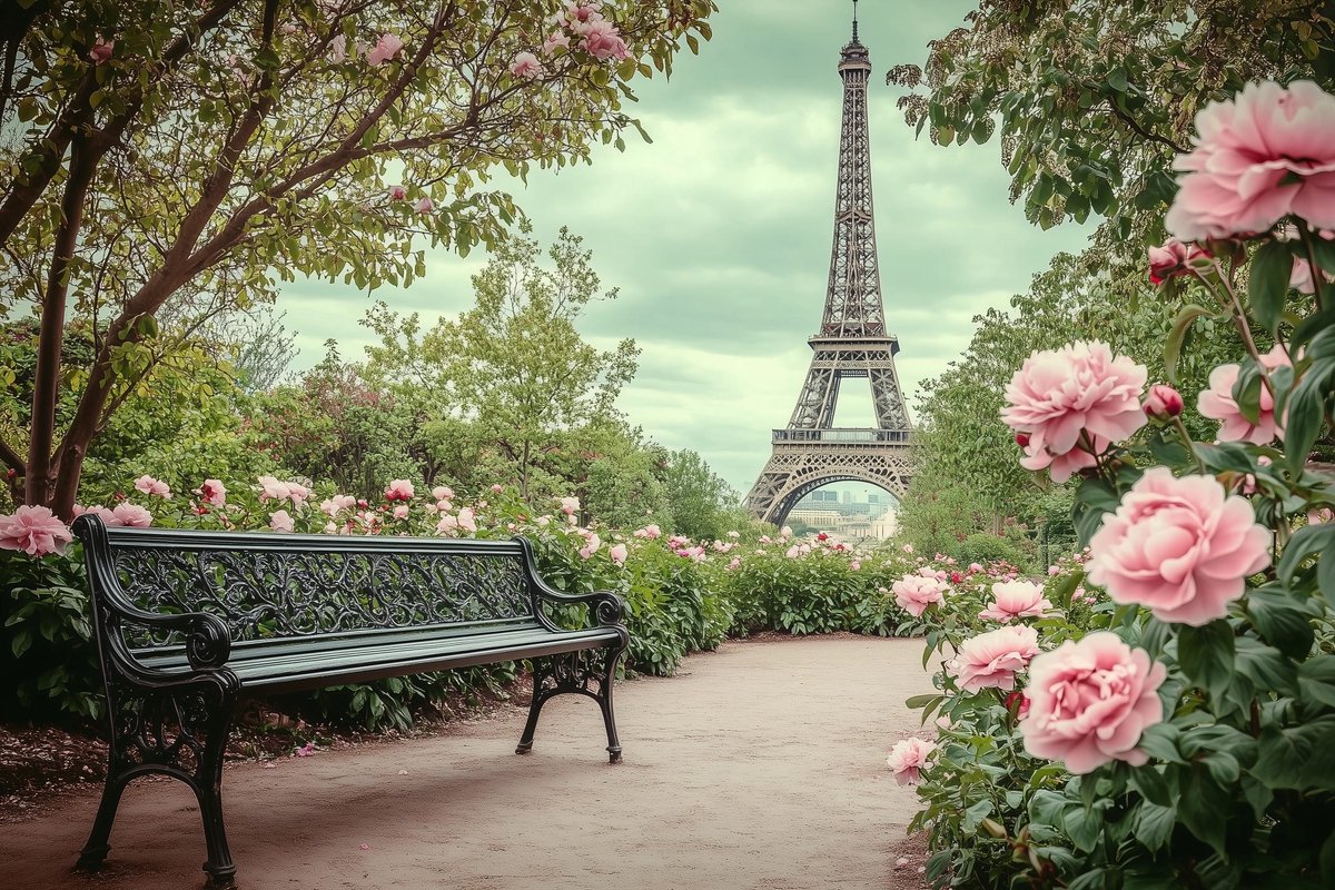 Tuinposter Eiffeltoren Parijs - Steden Tuinposters voor Buiten - Tuin decoratie - 610 gram PVC - Weerbestendig Tuindoek - G5539KMD - Formaat 90 x 60cm