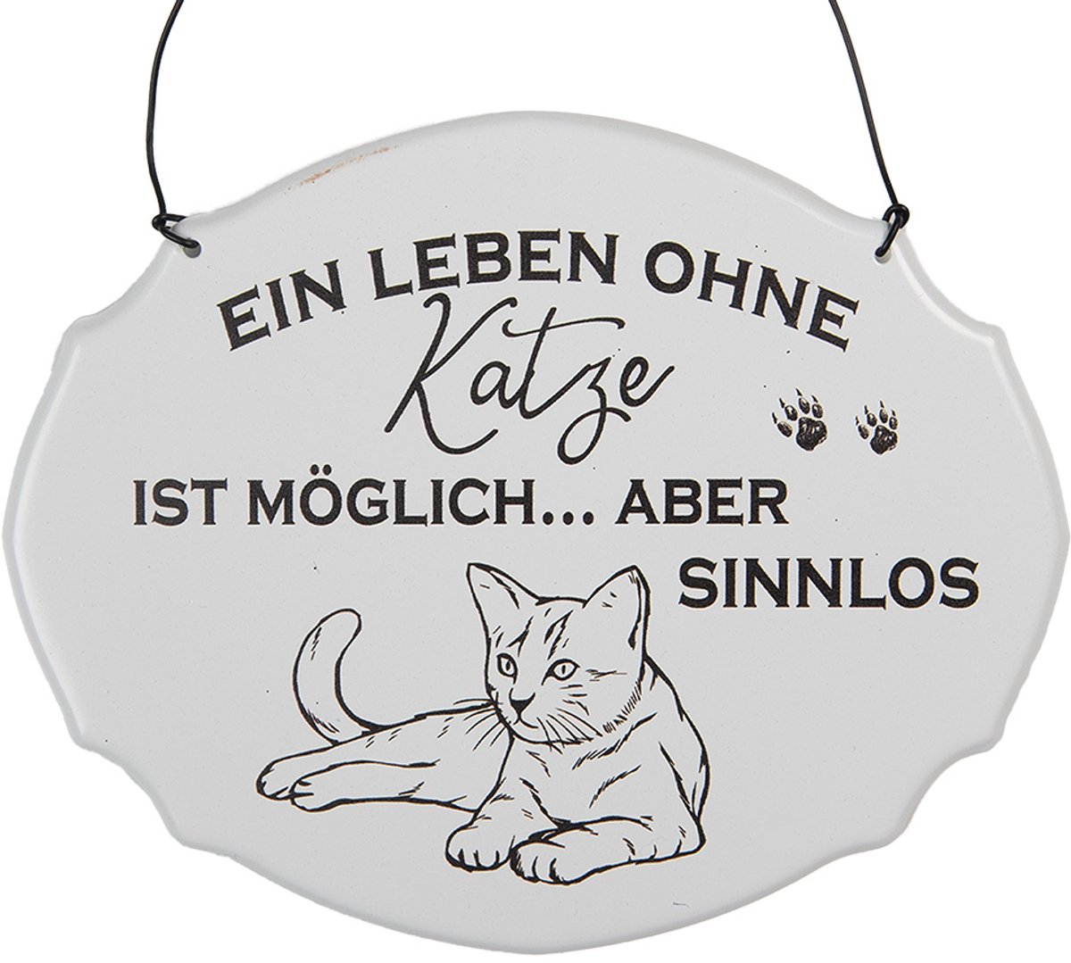 Clayre & Eef Tekstbord 18x15 cm Wit Metaal Kat
