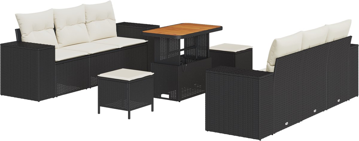 vidaXL - Tuinbank - Set - met - kussen - 9 - pcs - Zwart - en - Crème - Poly - Riet