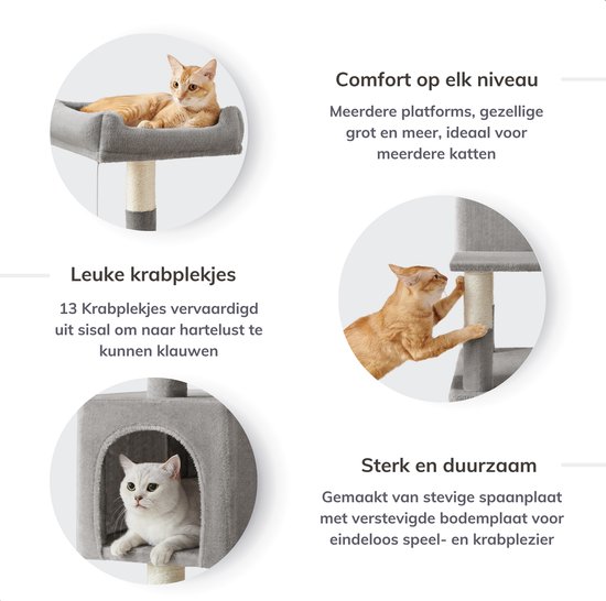 Arbre à chat gris avec des chats sur les plateformes et le griffoir. Texte : 'Confort à chaque niveau'.