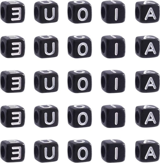 500 stuks Vierkante Klinker Letterkralen Kubus 6mm Zwarte Alfabet Kralen - A/E/I/O/U