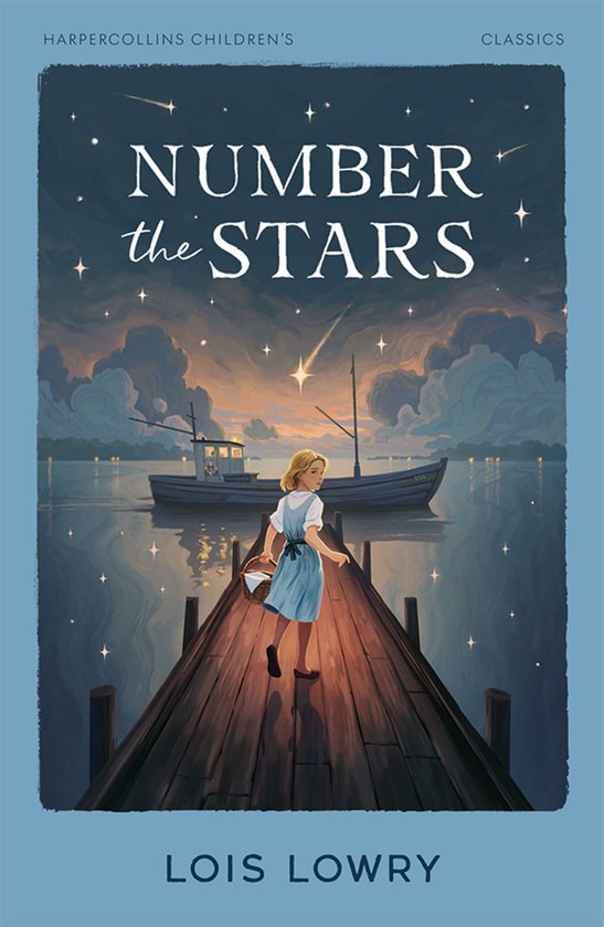 Boek "Number the Stars" van Lois Lowry, met een meisje op een pier bij een boot en een nachtelijke hemel.