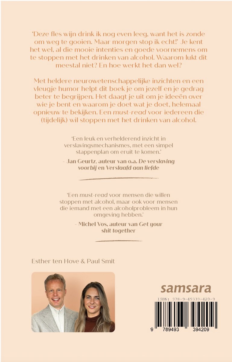 Boek met portret van auteur Esther ten Hove en Paul Smit, met titel 'Morgen stop ik echt!'.
