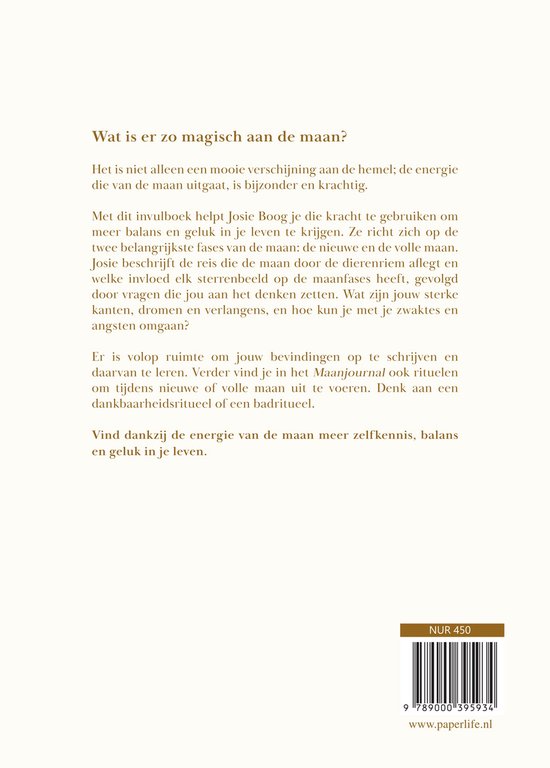 Achterkant van het Maanjournal met tekst over de maan en een ISBN-nummer.