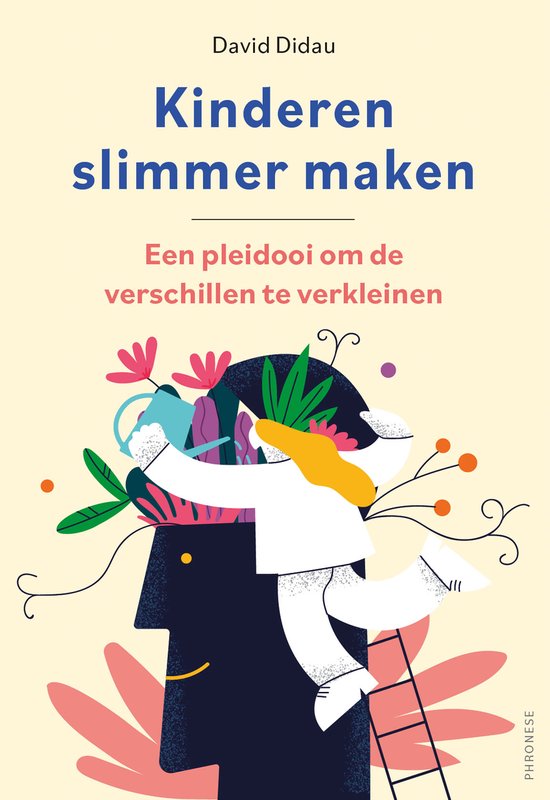 Boekomslag van 'Kinderen slimmer maken' met een illustratie van een hoofd met bloemen en planten eruit groeiend, en een persoon die erin klimt.