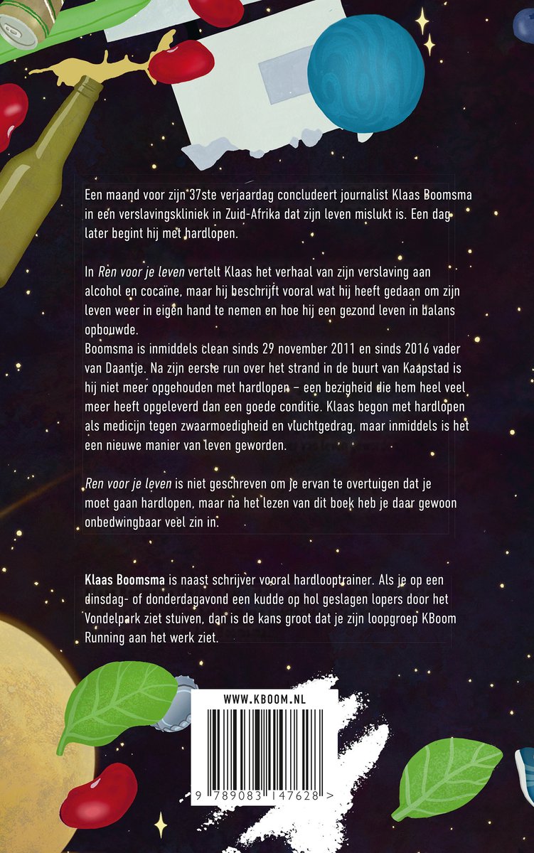 Achterflap van het boek 'Ren voor je leven' met tekst over Klaas Boomsma, hardlopen en zijn strijd tegen verslaving.