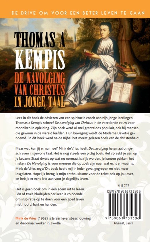 Boek "De navolging van Christus in jonge taal" door Thomas a Kempis. Een schilderij van een man in een monnikspij met een boek, met kerktorens op de achtergrond.