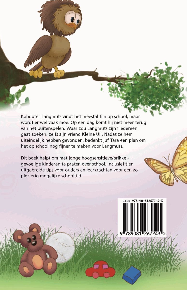 Boekomslag met een uil, een vlinder, een teddybeer, een auto en een blokje. Tekst in het Nederlands.