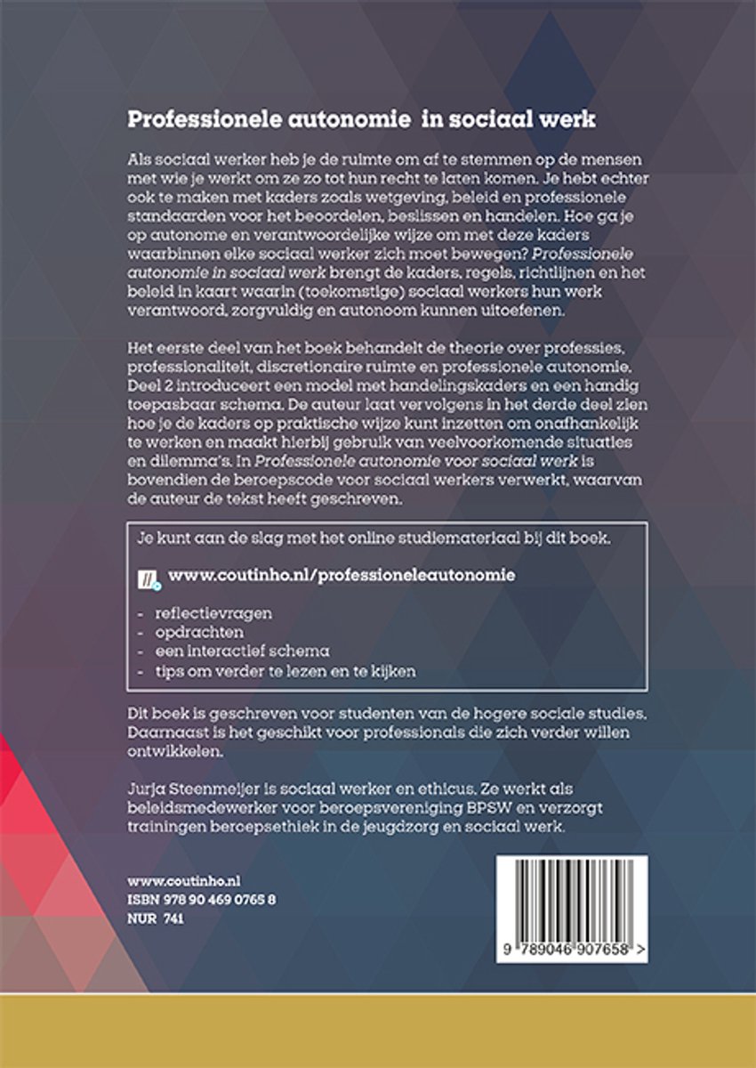 Achterflap van het boek "Professionele autonomie in sociaal werk" met tekst over de inhoud en auteur. Rechts een streepjescode.