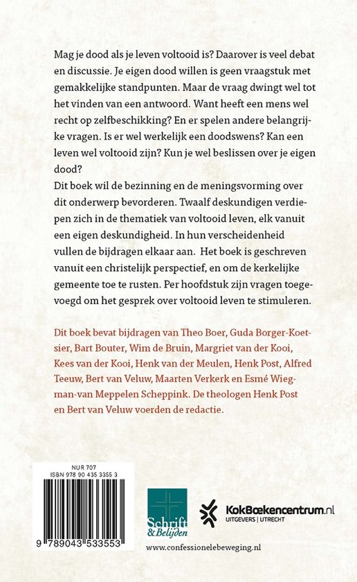 Achterkant boek met tekst over "voltooid leven", auteurs en ISBN. Logo's "Schild & Vrienden", "KokBoekencentrum.nl"