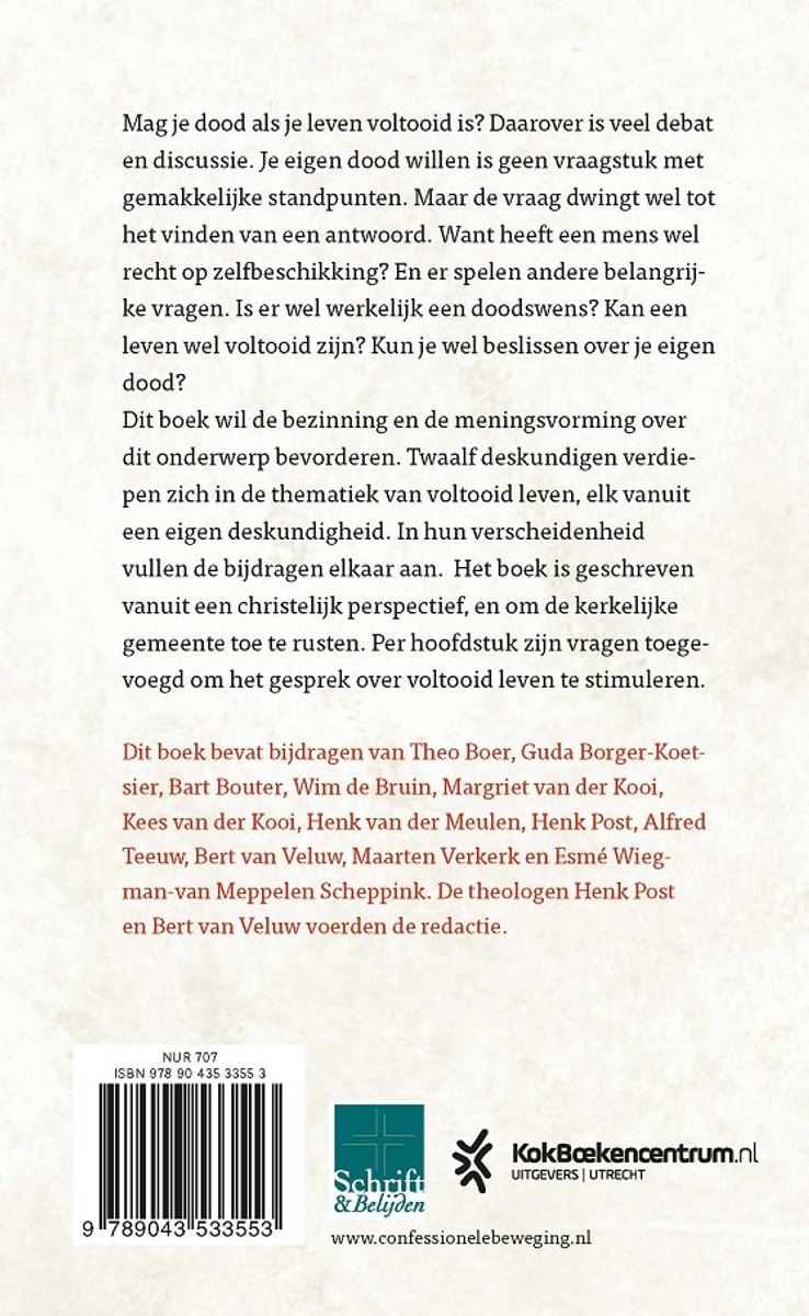 Achterkant boek met tekst over "voltooid leven", auteurs en ISBN. Logo's "Schild & Vrienden", "KokBoekencentrum.nl"