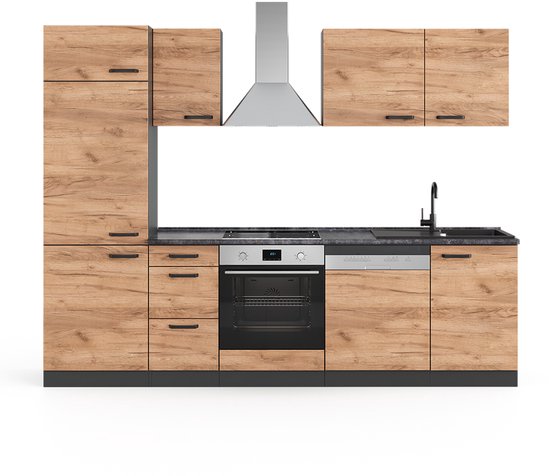 Vicco OptimaCuisine complète – 270 cm Sans plan de travail, avec meuble haut Chêne doré/anthracite Sans plan de travail, avec meuble haut