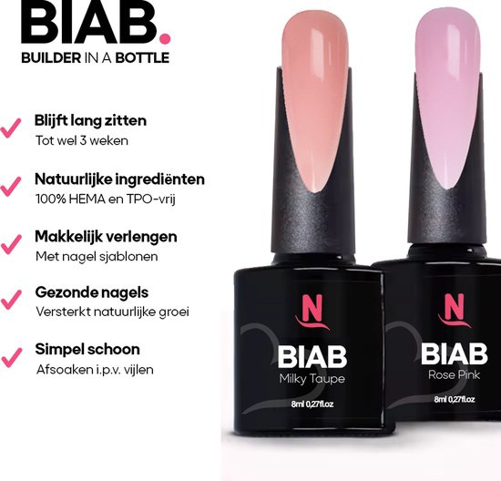 Twee flessen BIAB nagellak: Milky Taupe en Rose Pink, met daarboven bijpassende nagelstaaltjes.