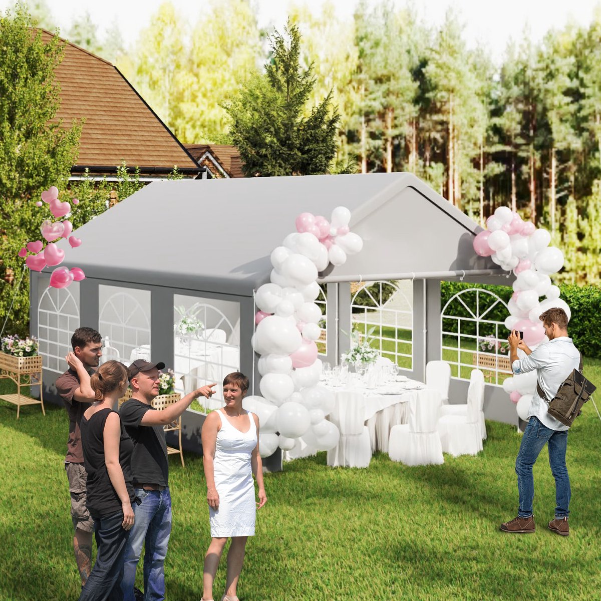 Aufun Partytent Paviljoen 4x6m Metalen Paviljoen Tuinpaviljoen met Zijpanelen Waterdichte Tuintent Pergola voor Feest, Marktkraam, Tuin Buiten Camping, Grijs