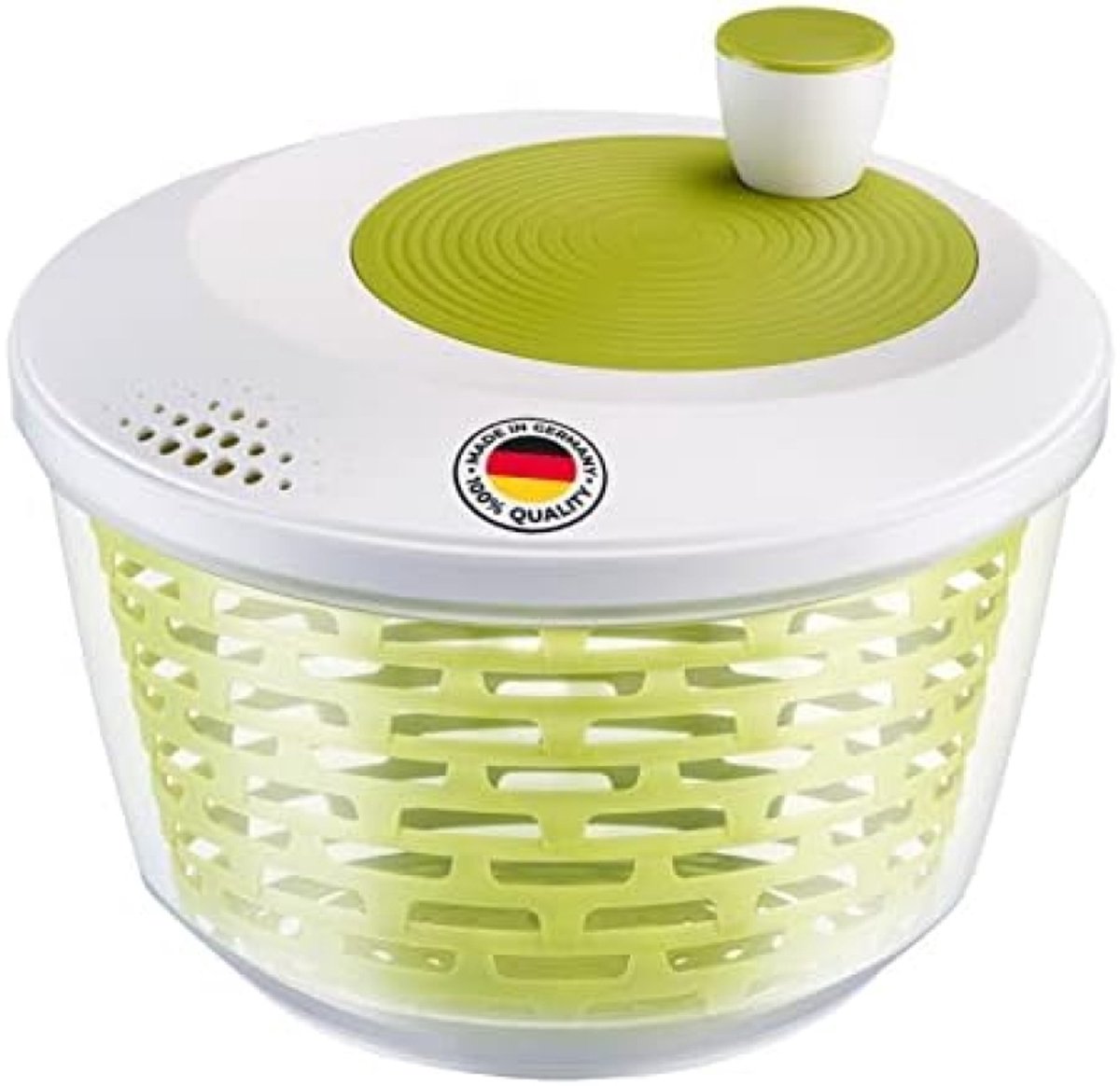 PolkaHome Slacentrifuge - 4,4 liter inhoud - Ø 23,5 cm - BPA-vrij kunststof - Doorzichtig/wit/groen - Inclusief deksel met schenktuit - Vaatwasserbestendig