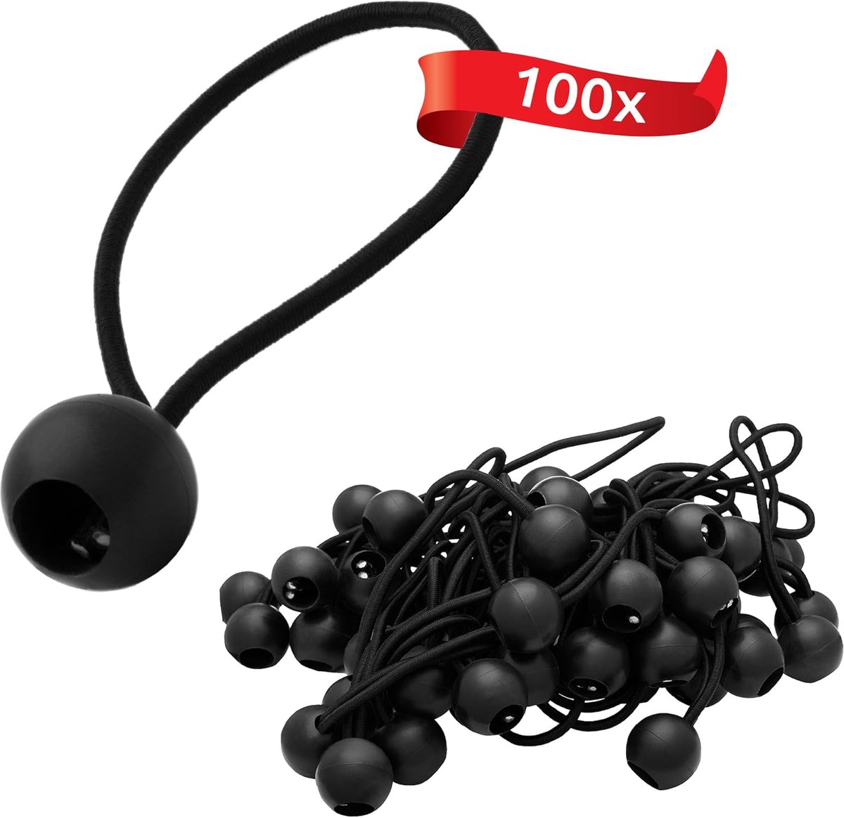 100 x elastische bungee-koorden met plastic bal, elastische haken, tentbungee-banden voor zeilen, tuinpaviljoenen, tenten, hoge spanning - zwart