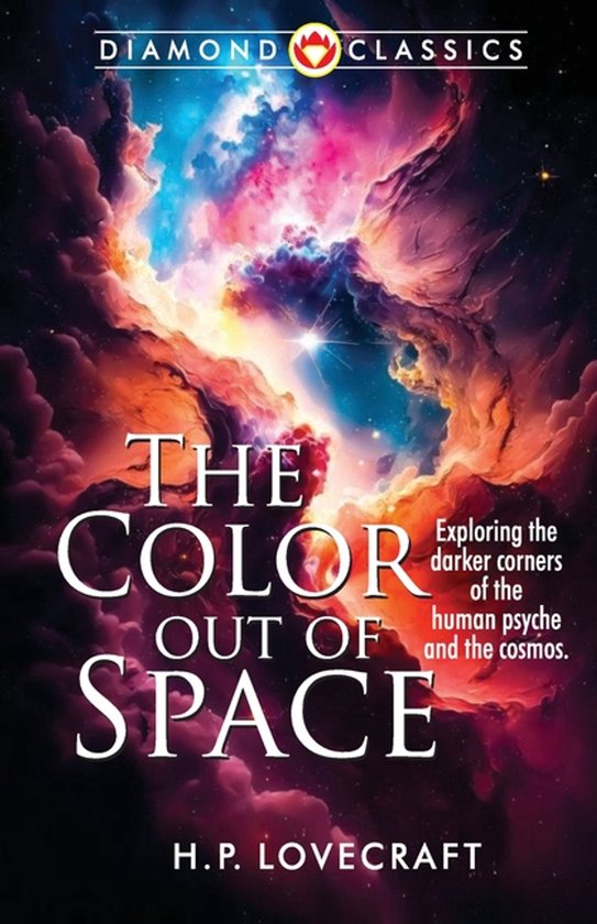 Boek "The Color Out of Space" met H.P. Lovecraft, met een kleurrijke nevel van paars, oranje, blauw en roze.
