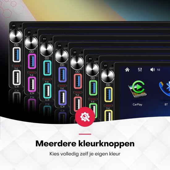 Stapel van 6,9 inch autoradio's met verlichte USB-poorten in verschillende kleuren: rood, groen, blauw en geel.