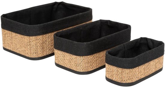 5Five Kast/badkamer opbergmandjes - set 3x stuks - bamboe met hoes in het zwart - in 3 formaten - organiser manden