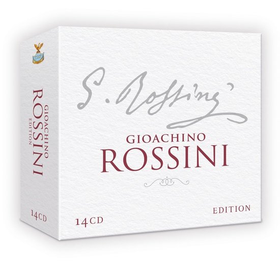 Witte CD-box met "Gioachino Rossini" en "14CD EDITION" in donkerrode letters en een sierlijk symbool.