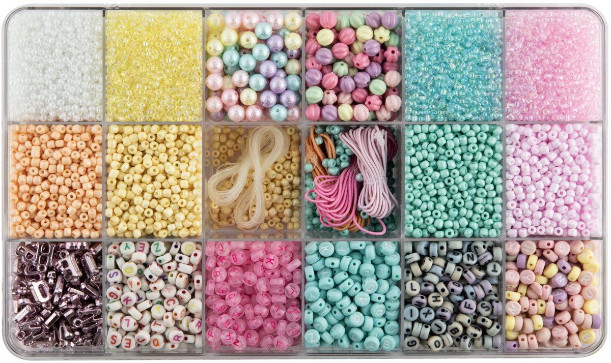 Luxe Armbandjes maken Meisjes Kralenset 10.000pcs - Pastel Pop Party - ABC Beads, Glass Beads en Elastiek - Opbergdoos 27x16x4cm - Joya Creative — afbeelding 5