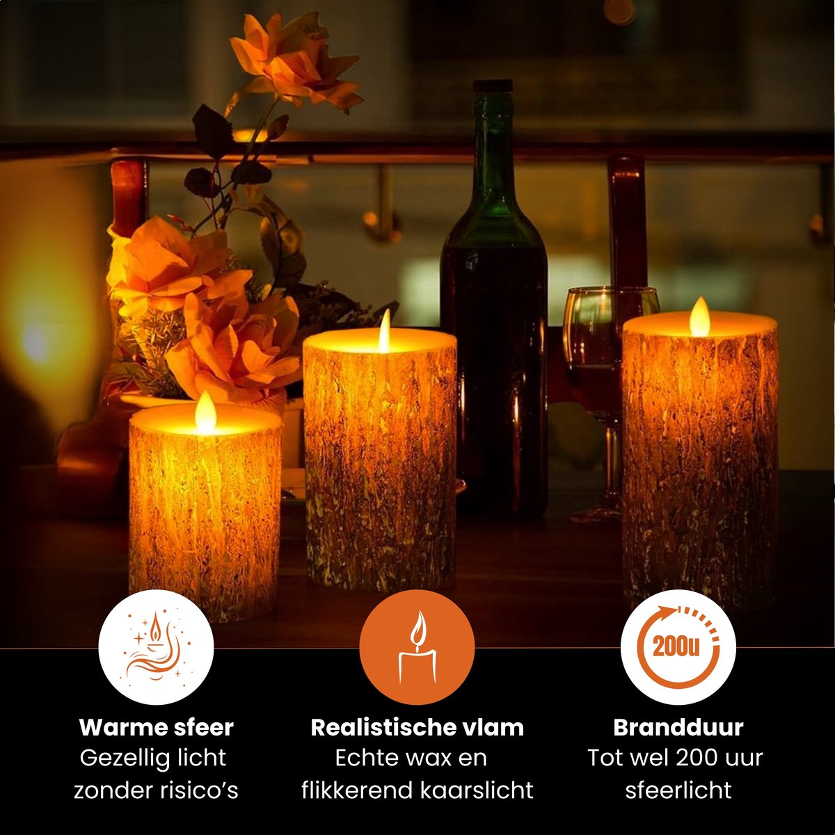 LED Kaarsen Met Afstandsbediening - Bewegende Vlam - Echte Wax - Elektrische Kaarsen - Op Batterijen - Dimbaar en Timer Functie - Set van 3 — cadeau in Wonen & Interieur - foto 5