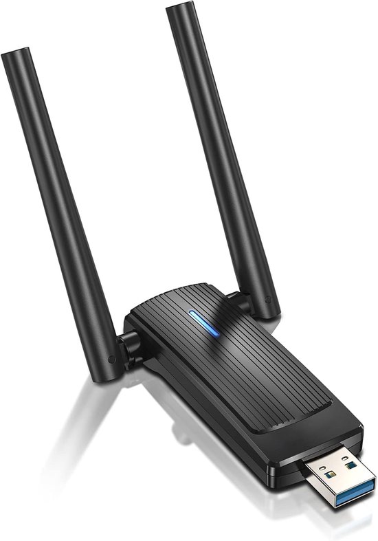 Adaptateur wifi noir à double antenne avec un connecteur USB 3.0, doté d'une lumière indicatrice bleue.