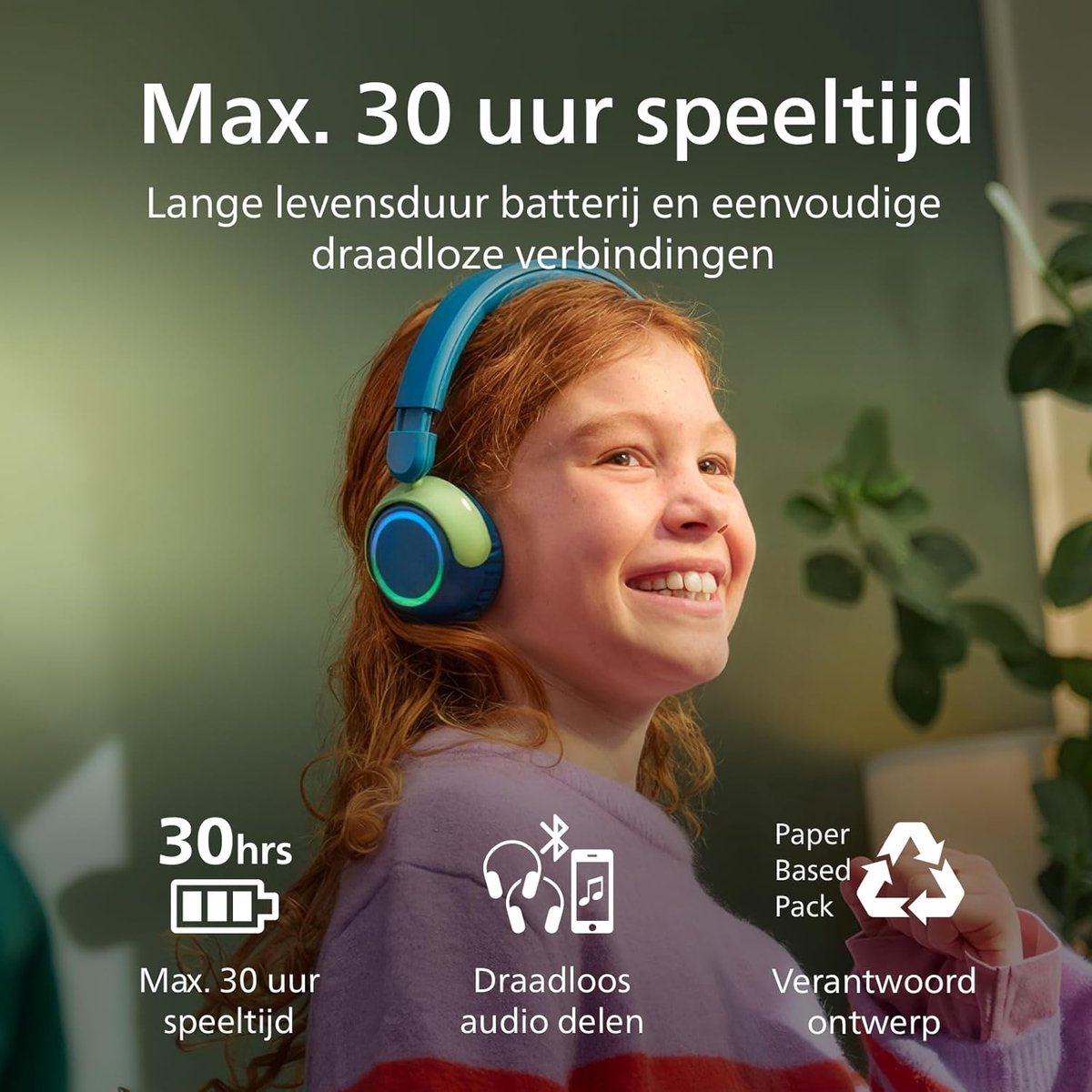 PHILIPS TAK4200CT 4200-serie On Ear draadloze opvouwbare hoofdtelefoon voor kinderen - 45 uur afspeeltijd, beperkt volume, Audio delen, laadkabel meegeleverd - Ambiant verlichting - Kristalgroen — afbeelding 6
