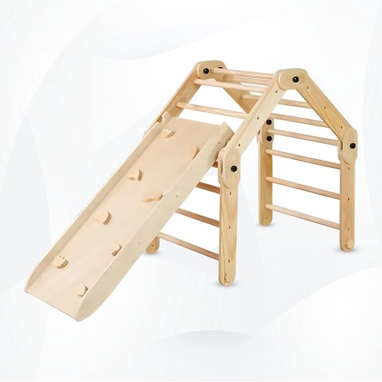 WoonWonder Opvouwbare Driehoek + Klimboog + Helling met Klimrek/Glijbaan - Montessori Meubels Houten Speelgym - Pikler - Naturel - Ontdek de Veelzijdige en Avontuurlijke Wereld van Spelen met de WoonWonder Klimset