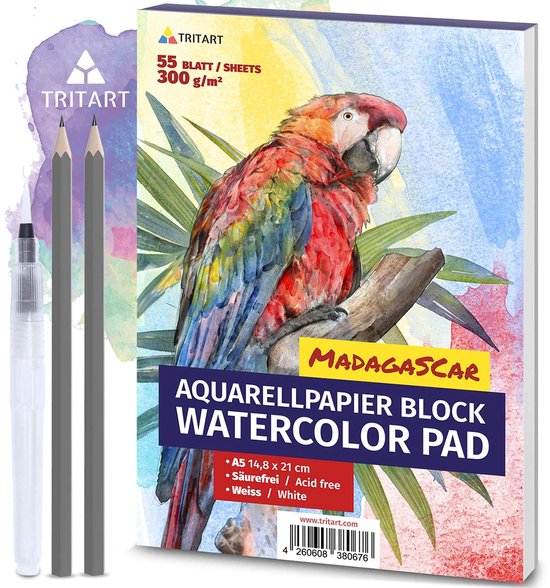 Tritart A5 aquarelpapier 300g | wit | 55 vellen | aquarelblok DIN A5 incl. waterborstel en 2 potloden