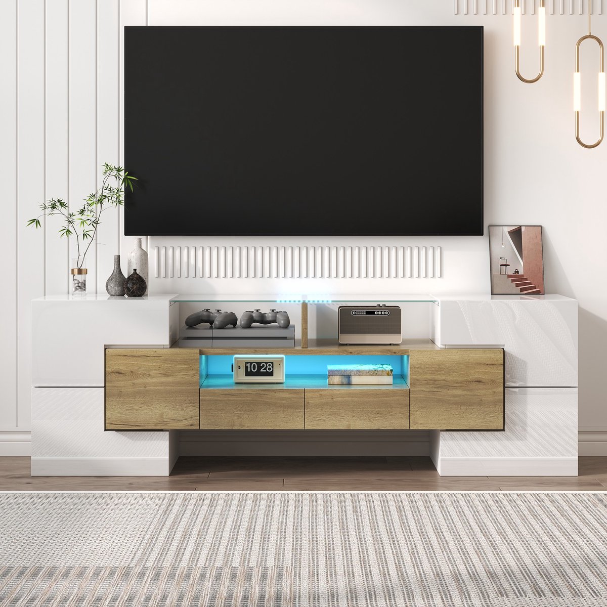 Sweiko TV-meubel - Hoogglans - 145 cm - Met LED-verlichting - Glazen blad - Wit + Natuurli