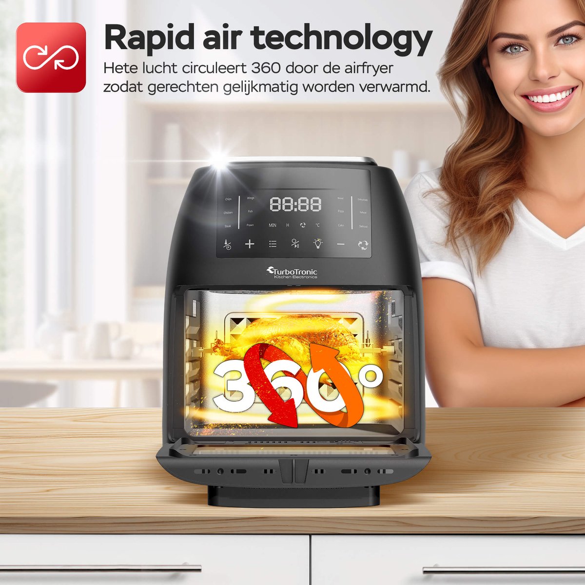 Afbeelding 3 van Turbotronic AF-260 Airfryer XL AirChef - 12L- Heteluchtfriteuse - Dual Heating - 50ºC tot 200ºC - 12 Kookprogramma's - Zwart