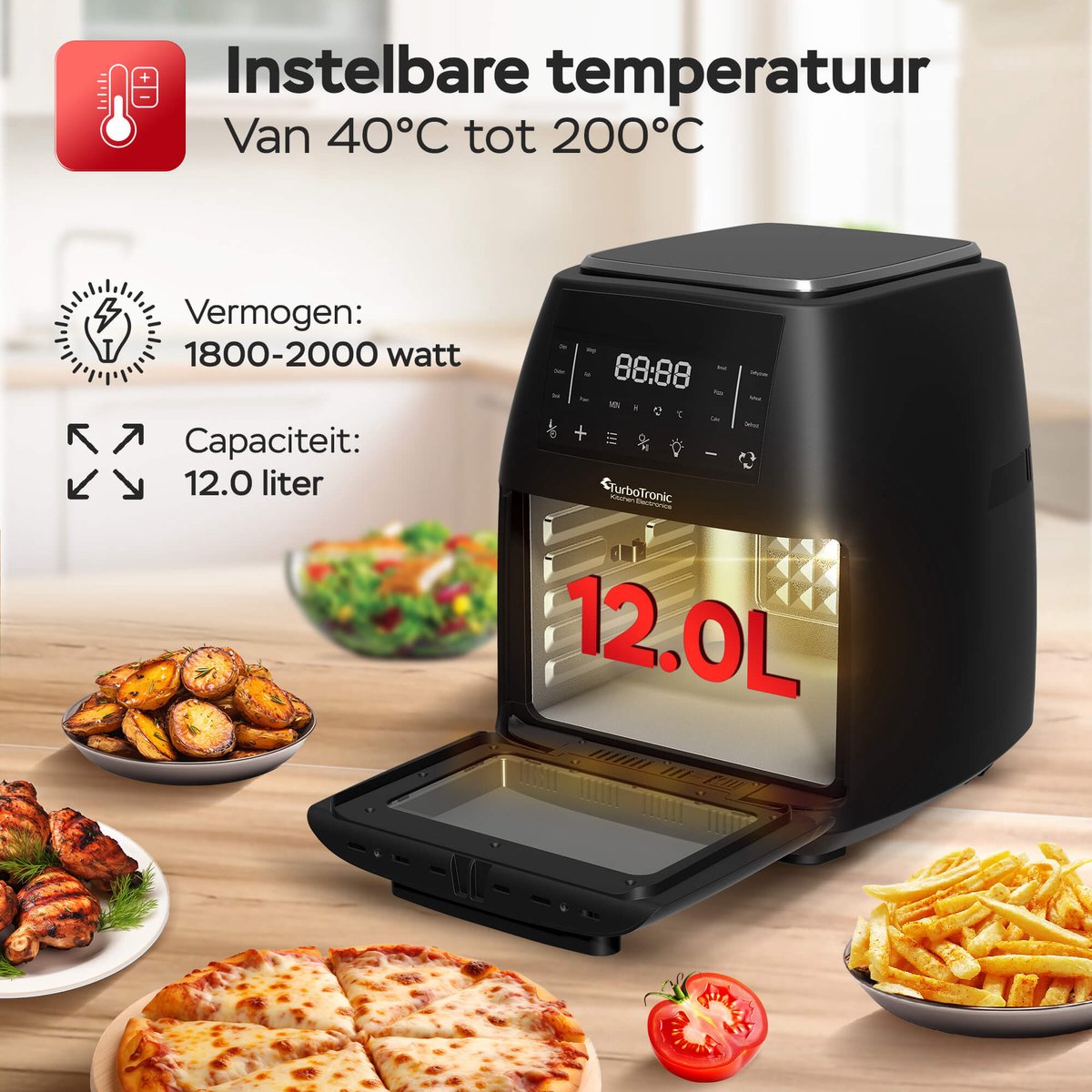 Afbeelding 2 van Turbotronic AF-260 Airfryer XL AirChef - 12L- Heteluchtfriteuse - Dual Heating - 50ºC tot 200ºC - 12 Kookprogramma's - Zwart