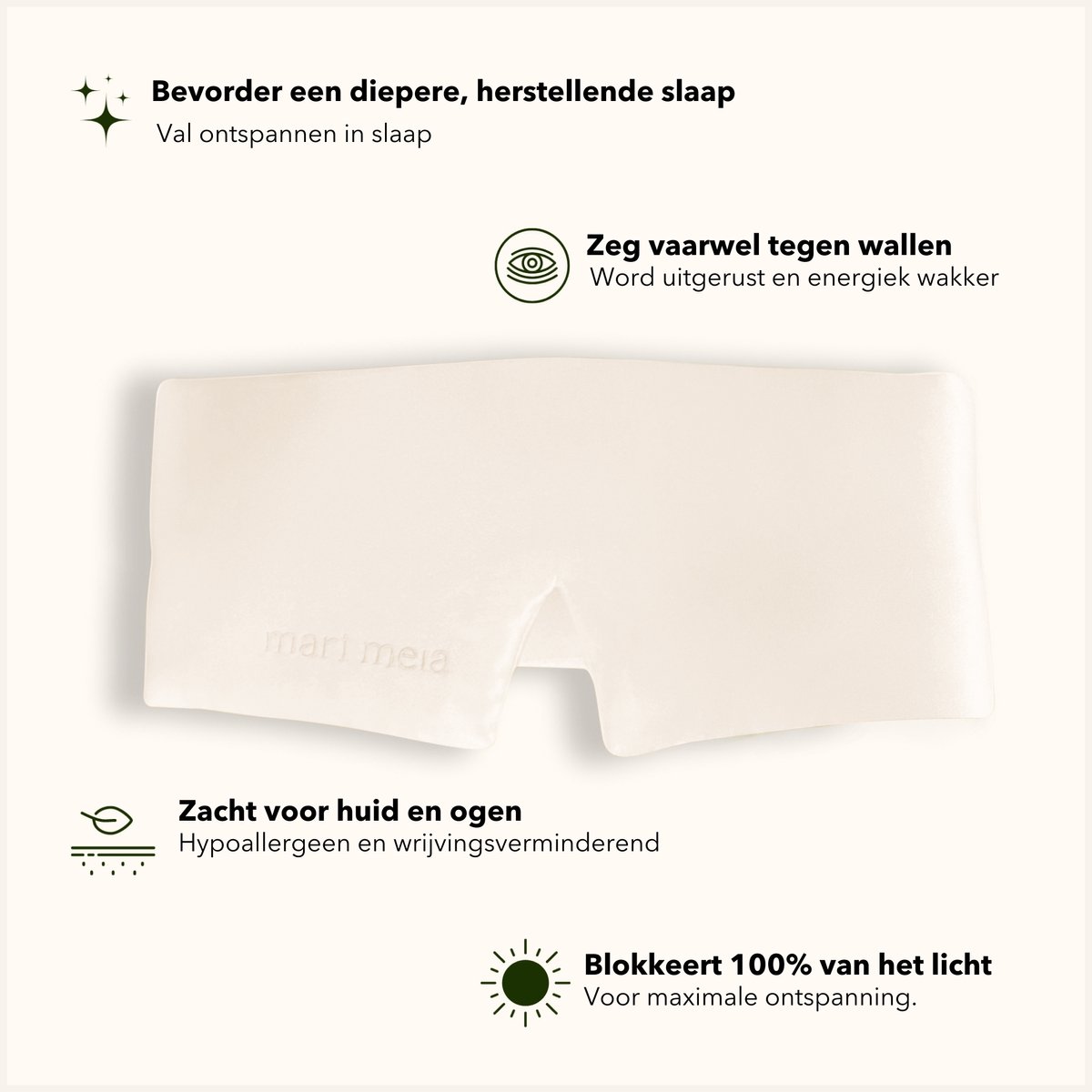 Mari Meia® Zijden Slaapmasker – Oogmasker – Anti Rimpel – Zijde – 100% Verduisterend – Full Cover - Hypoallergeen - Crème - Verschillende Kleuren — afbeelding 6
