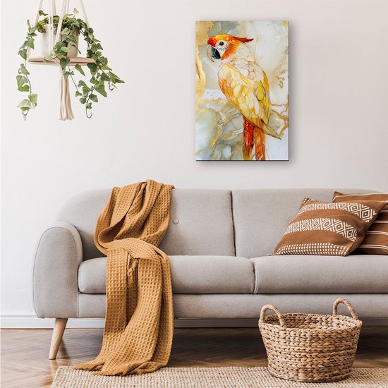 Kleurrijke papegaai met gouden details - Papegaai wanddecoratie - Canvas schilderij dier - Aquarel - Wanddecoratie modern - Woonkamer accessoires - canvas 40x60 cm