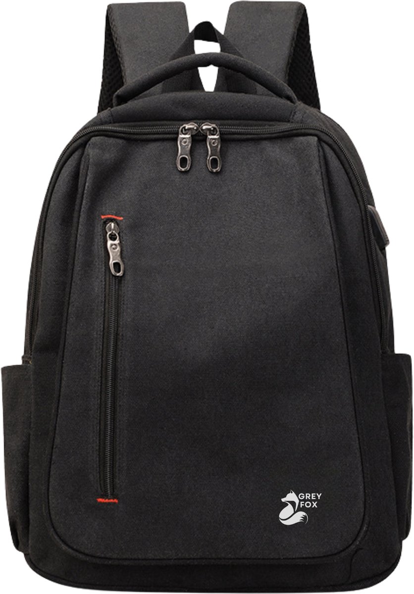 Grey Fox Canvas Laptop Rugzak met USB Oplaadpoort - 15.6 inch - Schooltas - 24L Ruime Capaciteit - Zwart