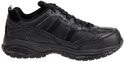 Zwarte Skechers werkschoen, zijaanzicht, met veters en verstevigde neus.
