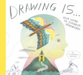 Titel: Drawing Is... Your Guide to Scribbled Adventures. Illustratie van een potlood in de vorm van een vogel met kleurrijke vleugels, bovenop een groene heuvel met een huisje.