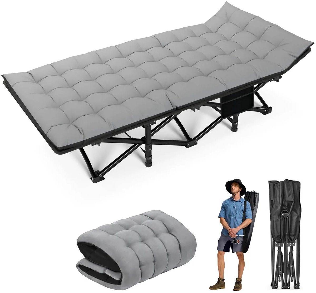 Mila Shop Opvouwbaar Veldbed - Kampeerbed - Robuust veldbed met dik matras - 190x71x37cm