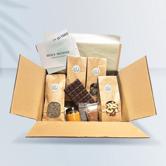 Cadeau voor zwangere vrouw – Babyshower cadeau – Bevallingsbox met dadels & frambozenbladthee – Holy Mommy