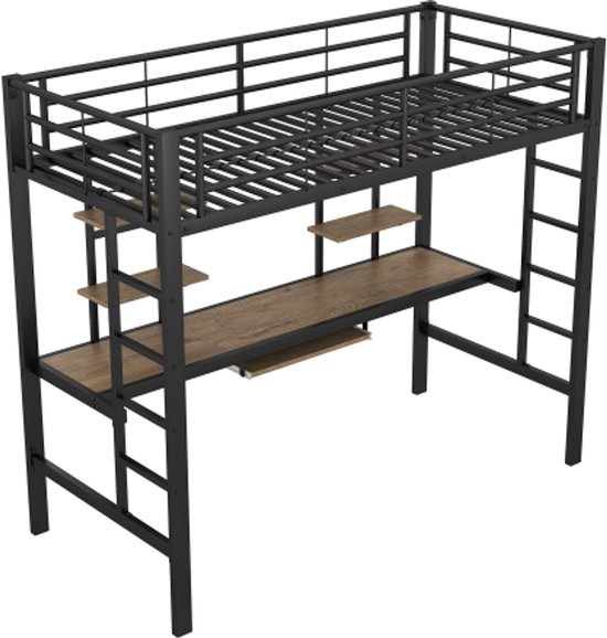 Moimhear Bedframe, metalen bedframe, 90 x 200 cm, ijzeren bed, hoogslaper met bureau en drie grote planken voor kinderen, jongeren en volwassenen, wit Moimhear Bedframe, metalen bedframe, 90 x 200 cm, ijzeren bed, hoogslaper met bureau en drie grote planken voor kinderen, jongeren en volwassenen, wit