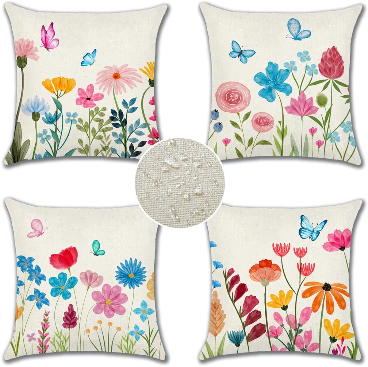 Ibenzoa® Set van Vier Decoratieve Waterbestendige Kussenhoezen voor Binnen en Buiten met Bloemenmotief