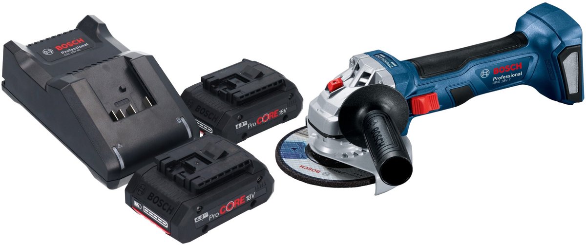 Bosch GWS 18V-7 Professionele accu haakse slijper 18 V 115 mm borstelloos + 2x ProCORE accu 4.0 Ah + lader